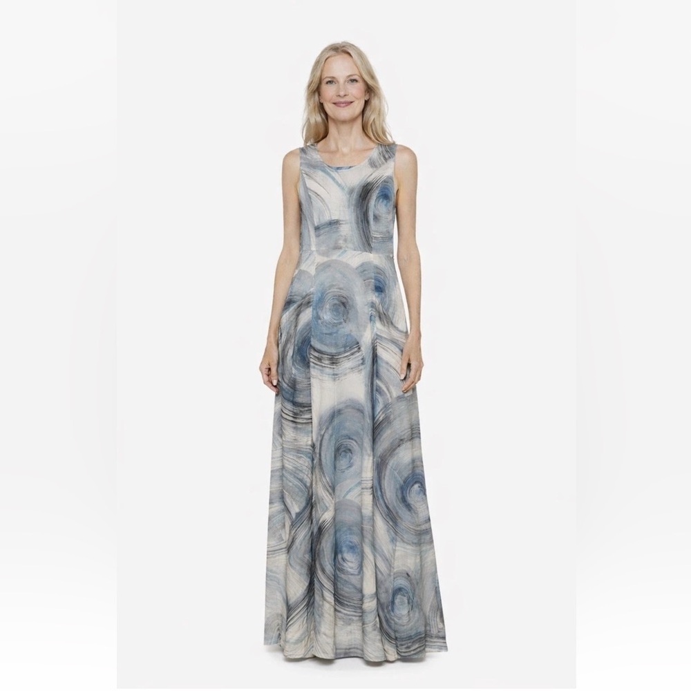 Dolcezza Art Simply 100% Linen Maxi Dress Blue Abstract Swirl Size Small